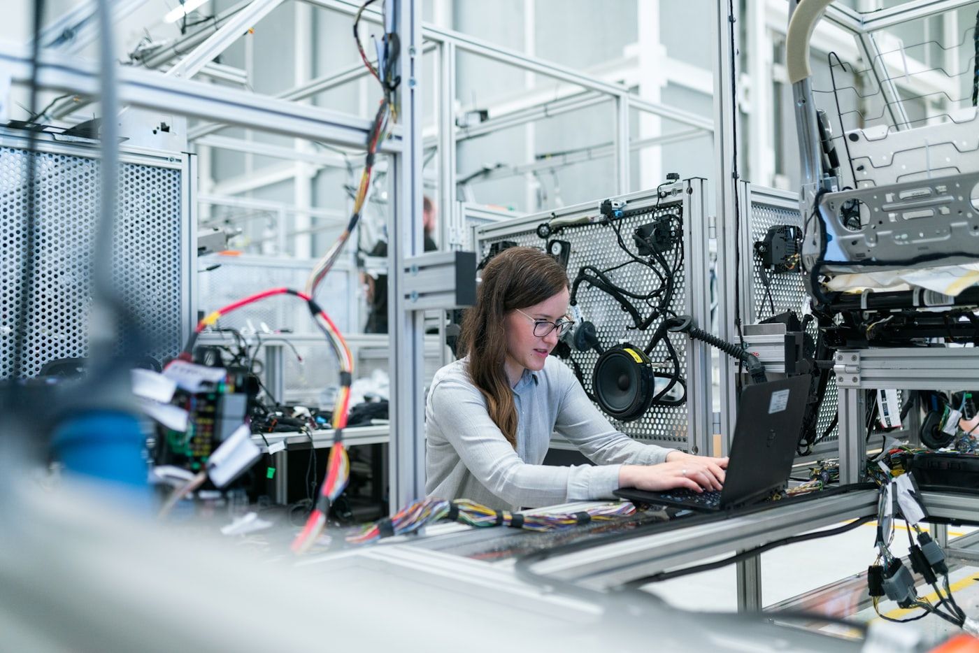 Engineer working with technology in a modern innovation lab